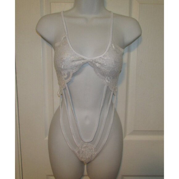 White Lace Strappy Thong Teddy - NEW - Picture 1 of 11